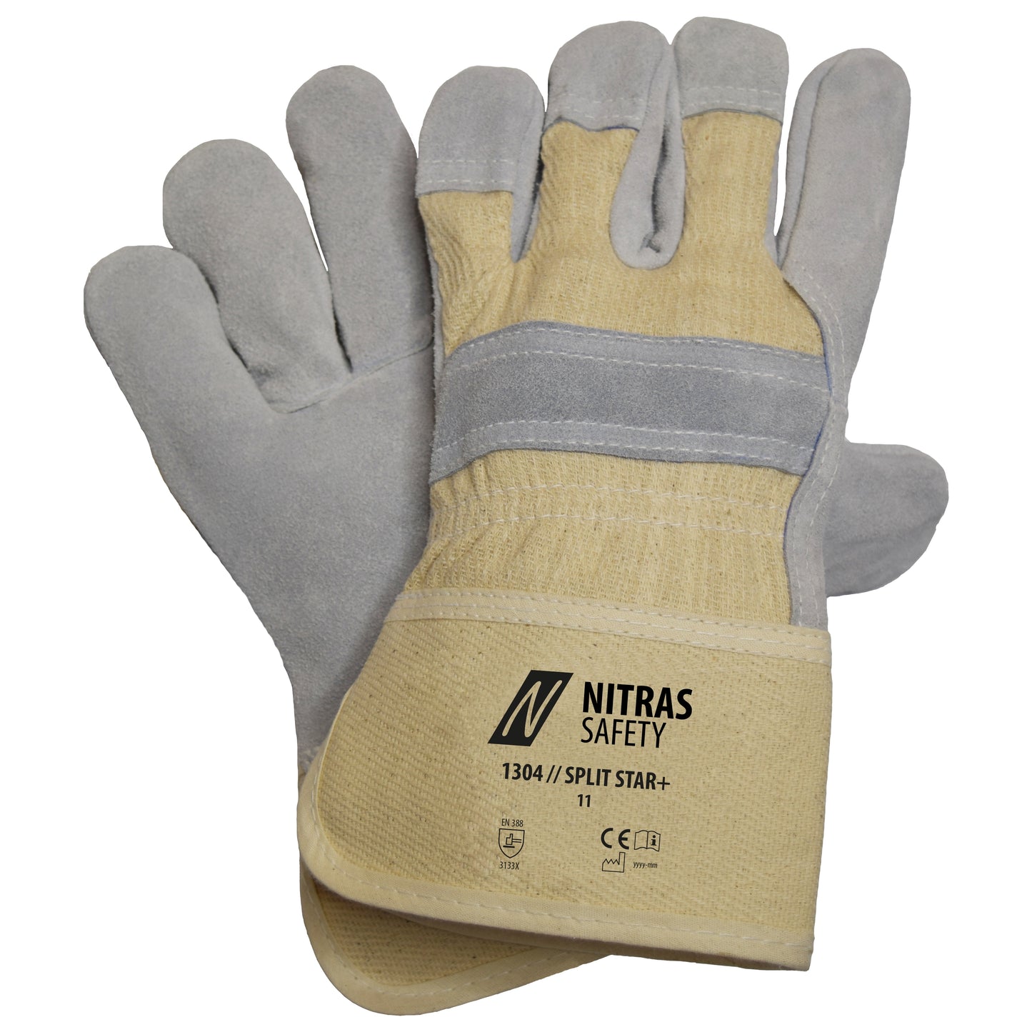 NITRAS SPLIT STAR+, gants en cuir croûte de bovin, coloris naturel/gris, coton EN 388 | Paquet (12 paires)