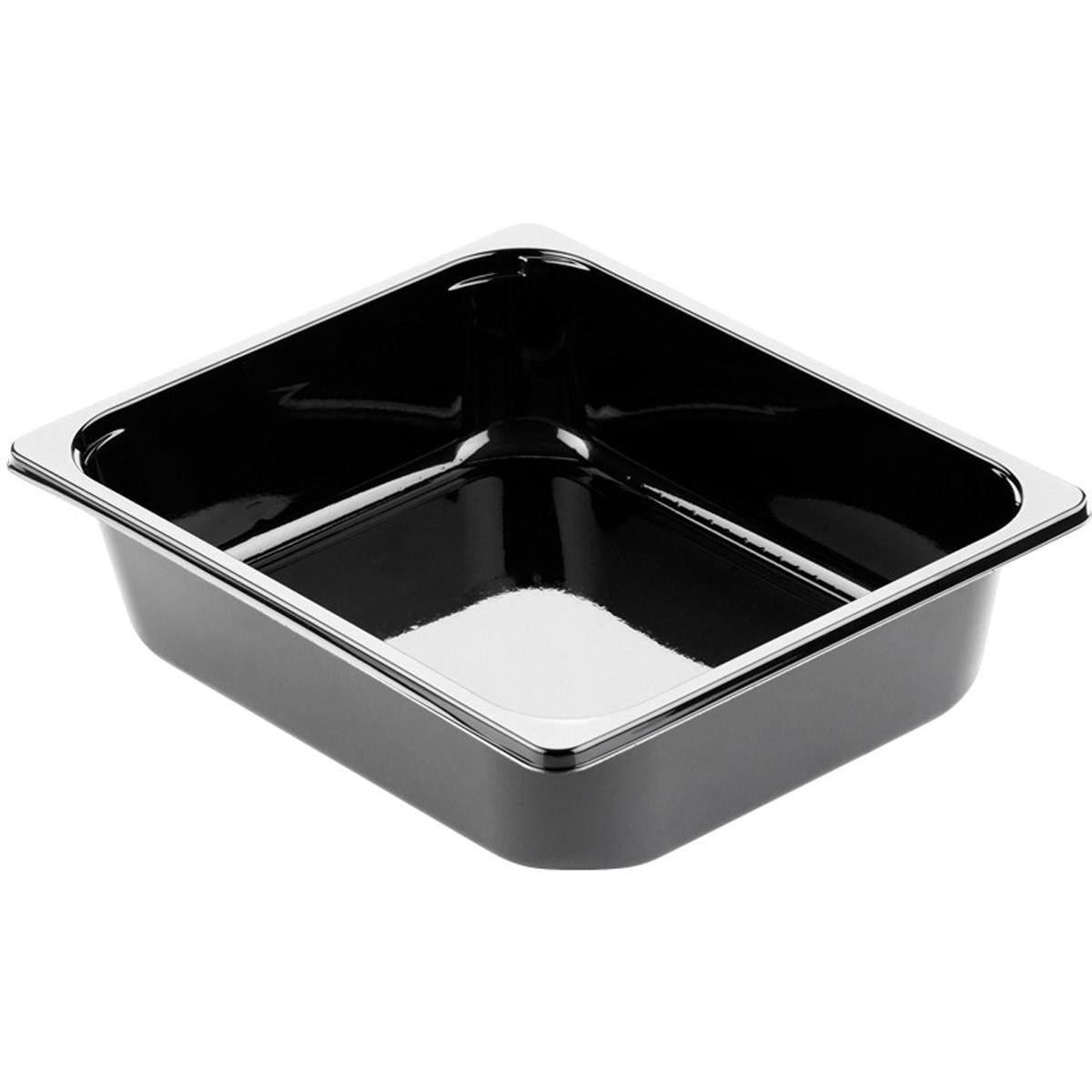 Le plat CPET 1/2 GN noir CPET 325x265 de Duni GmbH est un moule de cuisson rectangulaire noir avec un bord argenté brillant, idéal pour la gastronomie professionnelle, illustré sur fond blanc.