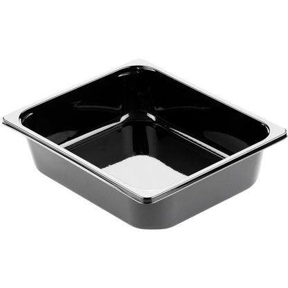 Le plat CPET 1/2 GN noir CPET 325x265 de Duni GmbH est un moule de cuisson rectangulaire noir avec un bord argenté brillant, idéal pour la gastronomie professionnelle, illustré sur fond blanc.