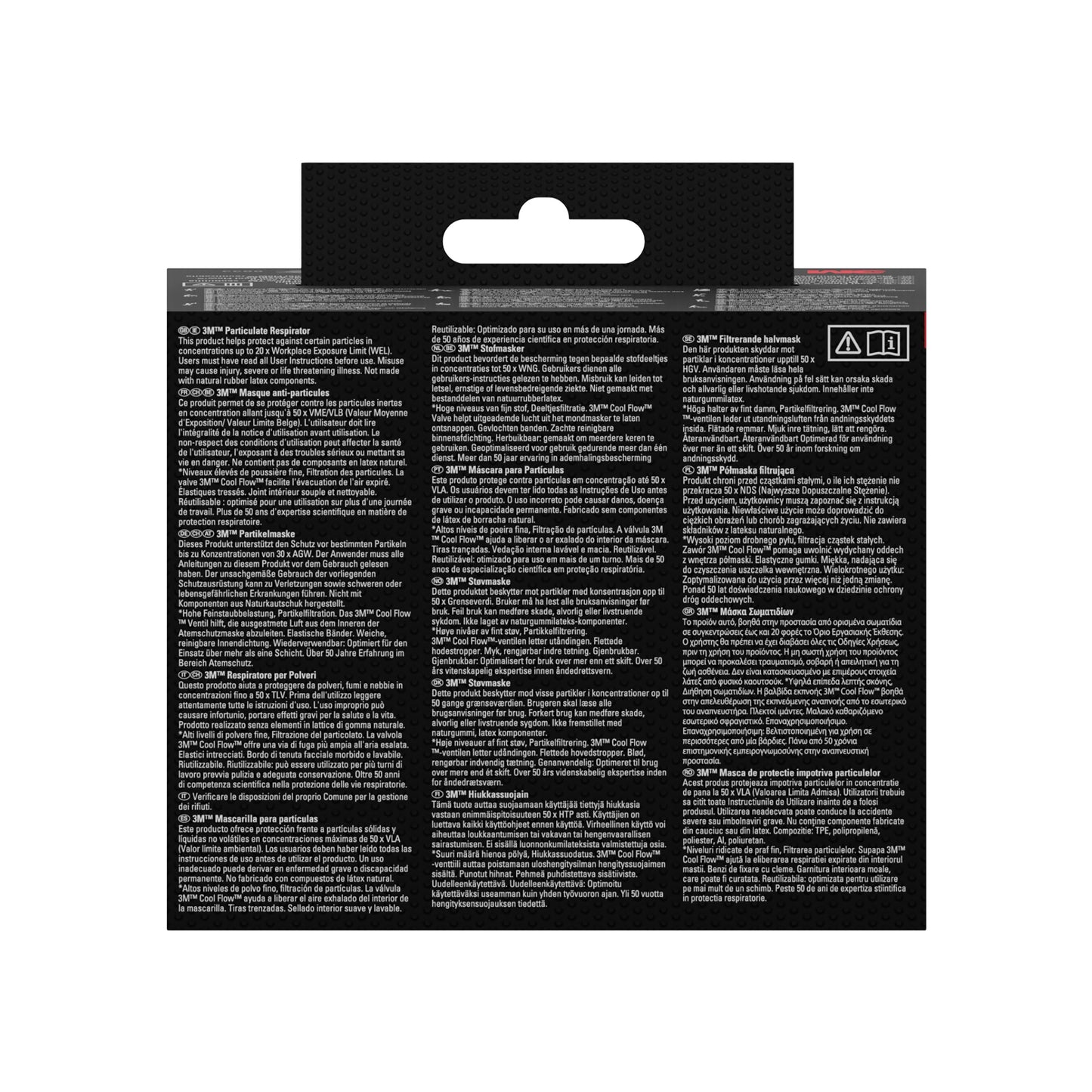 Die 3M™ Cool Flow™ Partikelmaske 8822, FFP2, mit Ventil von 3M Deutschland GmbH kommt in einer schwarzen Verpackung mit weißer, mehrsprachiger Anleitung, einer Aufhängelasche an der Oberseite und zwei rot umrandeten Warnsymbolen in der oberen rechten Ecke.