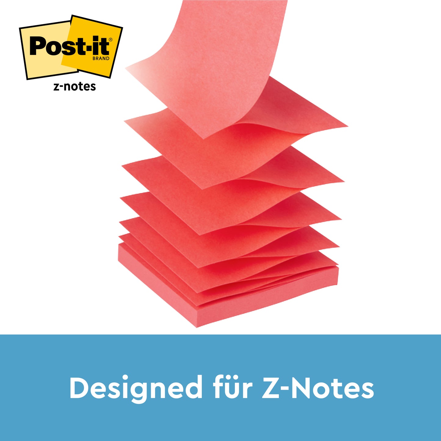 Ein Stapel gelber Post-it® Super Sticky Z-Notes (76 x 76 mm, 90 Blatt), abgebildet in einem PRO Schwarz Spender der 3M Deutschland GmbH. Das Post-it® Logo erscheint oben links, und "Designed für Z-Notes" steht unten auf blauem Hintergrund.