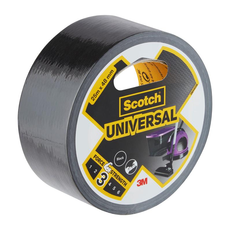 Un rouleau de ruban adhésif Scotch® Universal 2904, 25 m x 48 mm, de 3M Deutschland GmbH, montre sur son étiquette un ruban noir avec un emballage à poignée et le niveau de résistance 3/6.