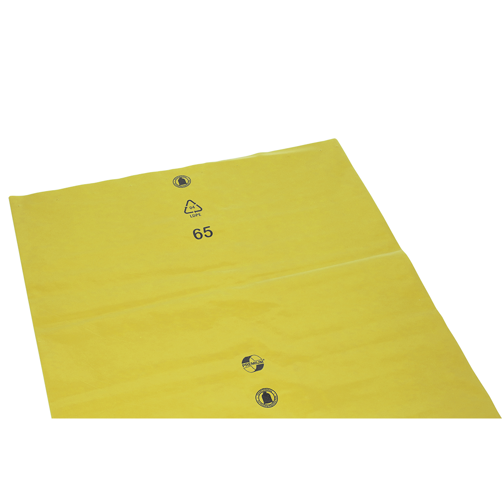 Die DEISS Müllsäcke lose 575x1000x0,01 mm aus LDPE 70 l der EMIL DEISS KG (GmbH + Co.) sind flache gelbe LDPE-Kunststoffsäcke mit einem Recycling-Symbol, der Zahl 65 und zwei schwarzen Symbolen auf weißem Grund.