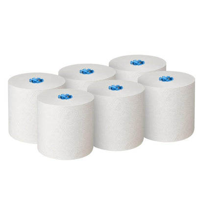 Six essuie-mains en rouleau Scott® Essential™ 6638 Grand rouleau 1-couche de Kimberly-Clark GmbH sont disposés en deux rangées de trois sur un fond blanc. Les rouleaux d'essuie-mains certifiés EU Ecolabel sont fabriqués avec la technologie Airflex.