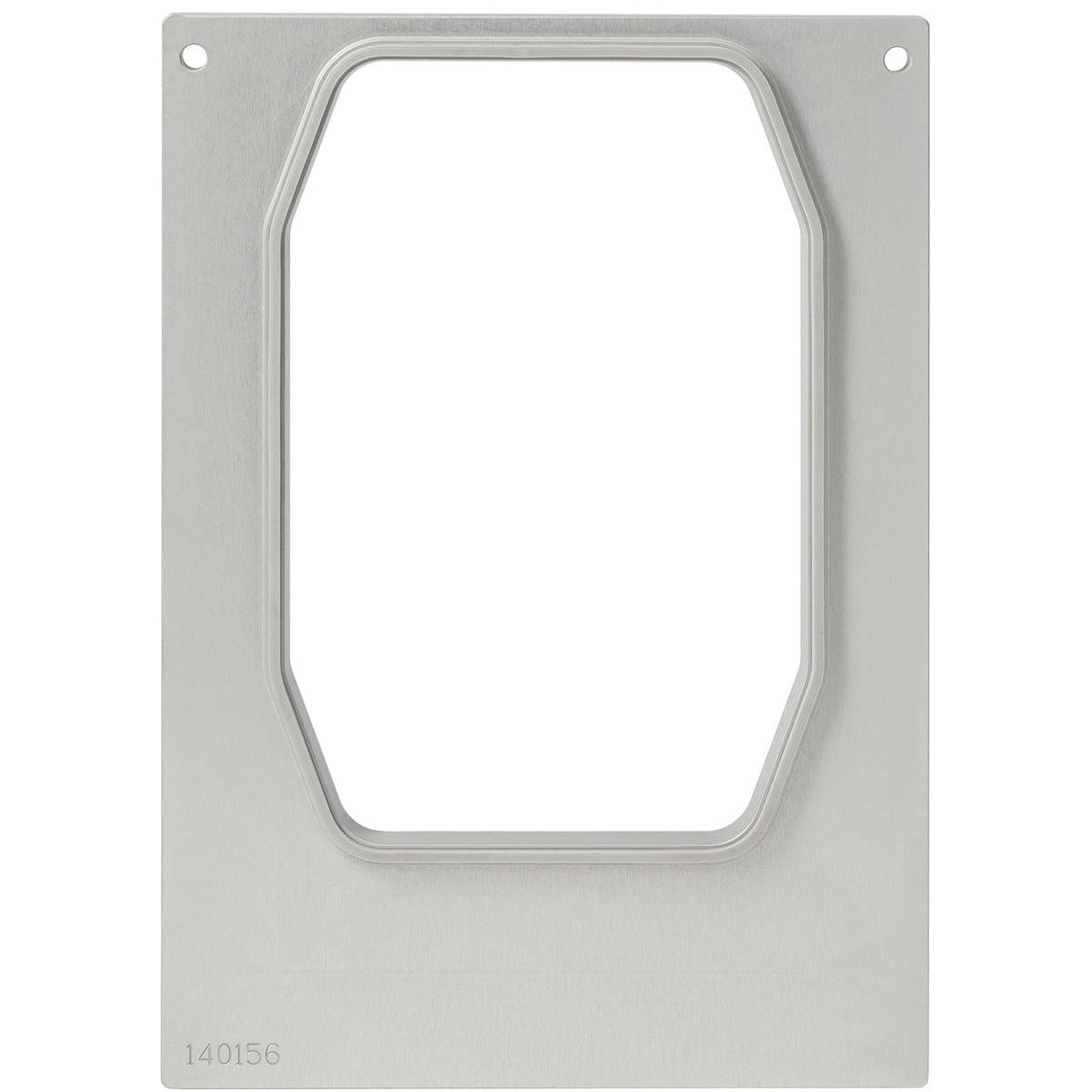 Une cassette métallique rectangulaire DF10/20 de Duni GmbH avec des coins arrondis et une découpe octogonale, représentée sur fond blanc. Convient pour le bol PP HMR 840, 1035, 1395ml. Dans le coin inférieur gauche, il est écrit "140156". Emballage (1 pièce).