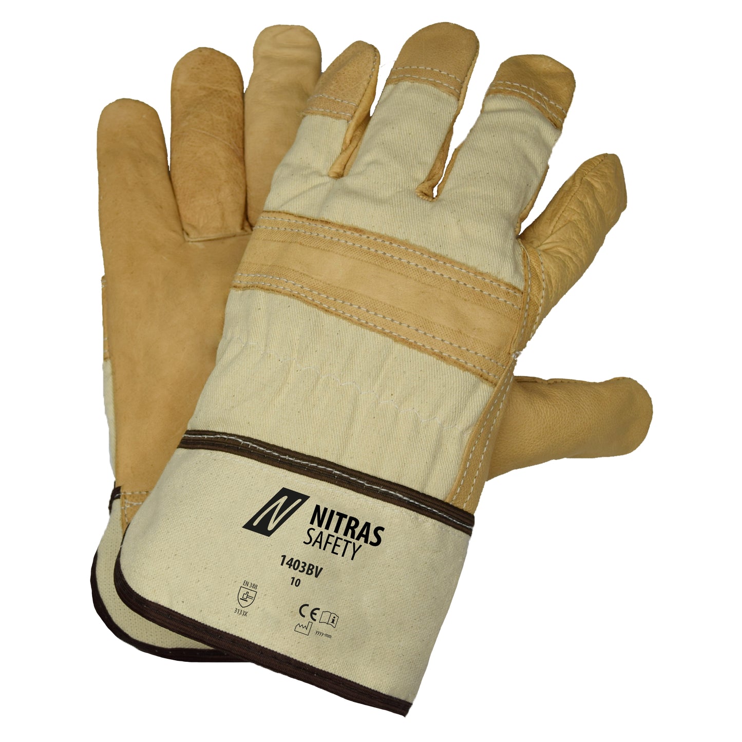 Gants NITRAS en cuir de vachette pleine fleur, coloris naturel/marron, coton EN 388 | Paquet (12 paires)