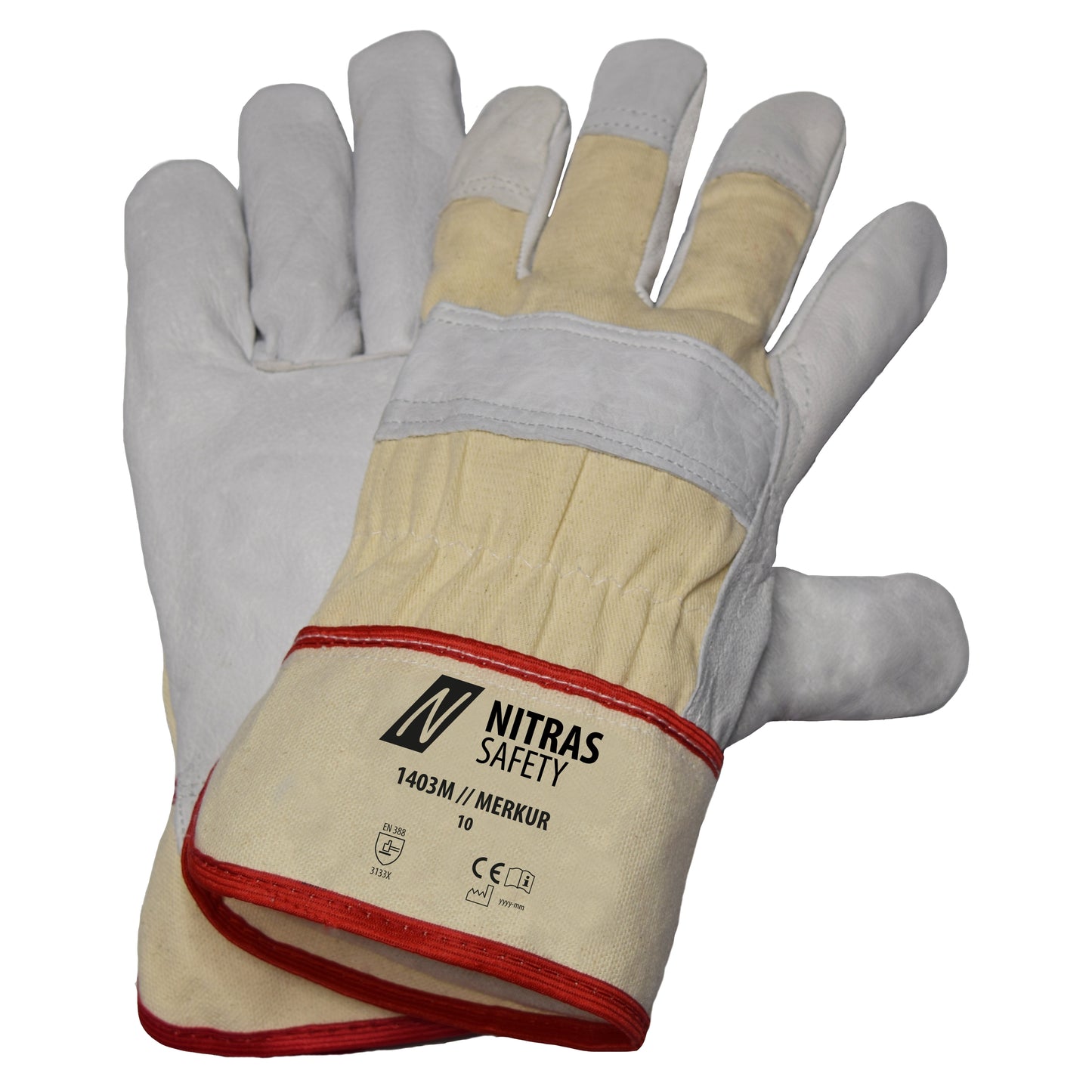 NITRAS MERKUR, gants en cuir de vachette pleine fleur, coloris naturel/gris, coton EN 388 | Paquet (12 paires)