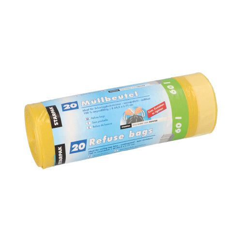 Un rouleau jaune de sacs poubelle Starpak de 20 avec lien coulissant (60 l, 71 x 64,5 cm, HDPE) est muni d'une bande bleu-blanc avec un branding et des instructions multilingues. L'emballage porte l'inscription « 20 sacs poubelle » et contient 20 pièces.