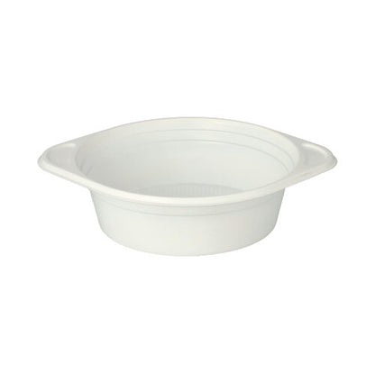 Le Starpak 100 bols à soupe, PP rond, Ø 15,6 cm de Starpak est un bol à soupe rond blanc avec deux petites poignées latérales, idéal comme tasse à soupe à emporter, illustré sur un fond blanc simple.