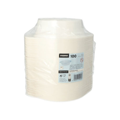Une pile de bols à soupe blancs Starpak 100, PP rond, Ø 15,6 cm, dans un emballage plastique avec des symboles de recyclage et un code-barres - idéal comme tasse à soupe à emporter pour un service pratique.