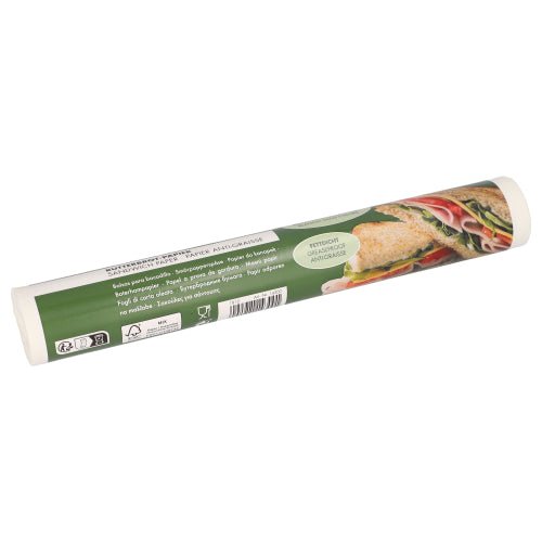 PAPSTAR Papier sulfurisé 25x30 cm, blanc, 100 feuilles avec bande verte montre des instructions d'utilisation et une photo de sandwich - parfait pour emballer des collations ou des sandwichs.
