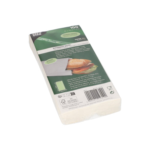 Un paquet scellé de PAPSTAR sacs à sandwich résistants à la graisse, 21x10x3 cm, blanc (100 pièces) de PAPSTAR GmbH, avec une étiquette avant contenant les informations sur le produit, le code-barres et l'image d'un sandwich dans le film rétractable.