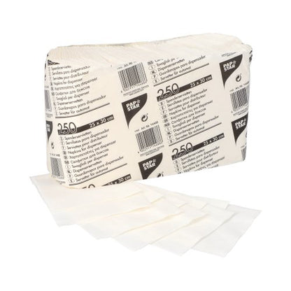 Un paquet de 250 PAPSTAR serviettes distributrices 1 pli, 25x30 cm, blanc de PAPSTAR GmbH, dans une bande rectangulaire avec impression multilingue ; plusieurs serviettes sont déployées à l'avant.