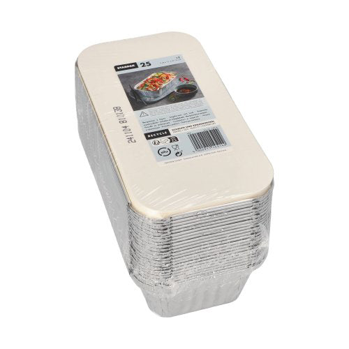 Un paquet de 25 plateaux en aluminium Starpak avec couvercles revêtus de PP est emballé dans du plastique et muni d'informations d'utilisation et d'un code-barres - parfait pour le secteur de la restauration ou à emporter (Starpak 25, Alu + couvercle intérieur, revêtu de PP).