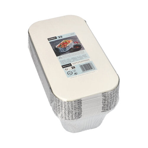 Un paquet de 25 moules à pâtisserie Starpak en aluminium avec couvercle intérieur revêtu de PP dispose d'une étiquette avec des informations sur le produit et une image de pâtisseries, idéal pour le catering ou à emporter.