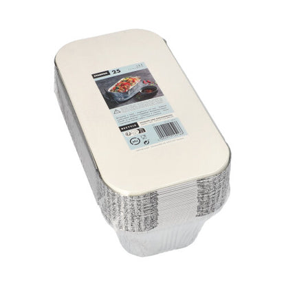 Un paquet de 25 moules à pâtisserie Starpak en aluminium avec couvercle intérieur revêtu de PP dispose d'une étiquette avec des informations sur le produit et une image de pâtisseries, idéal pour le catering ou à emporter.
