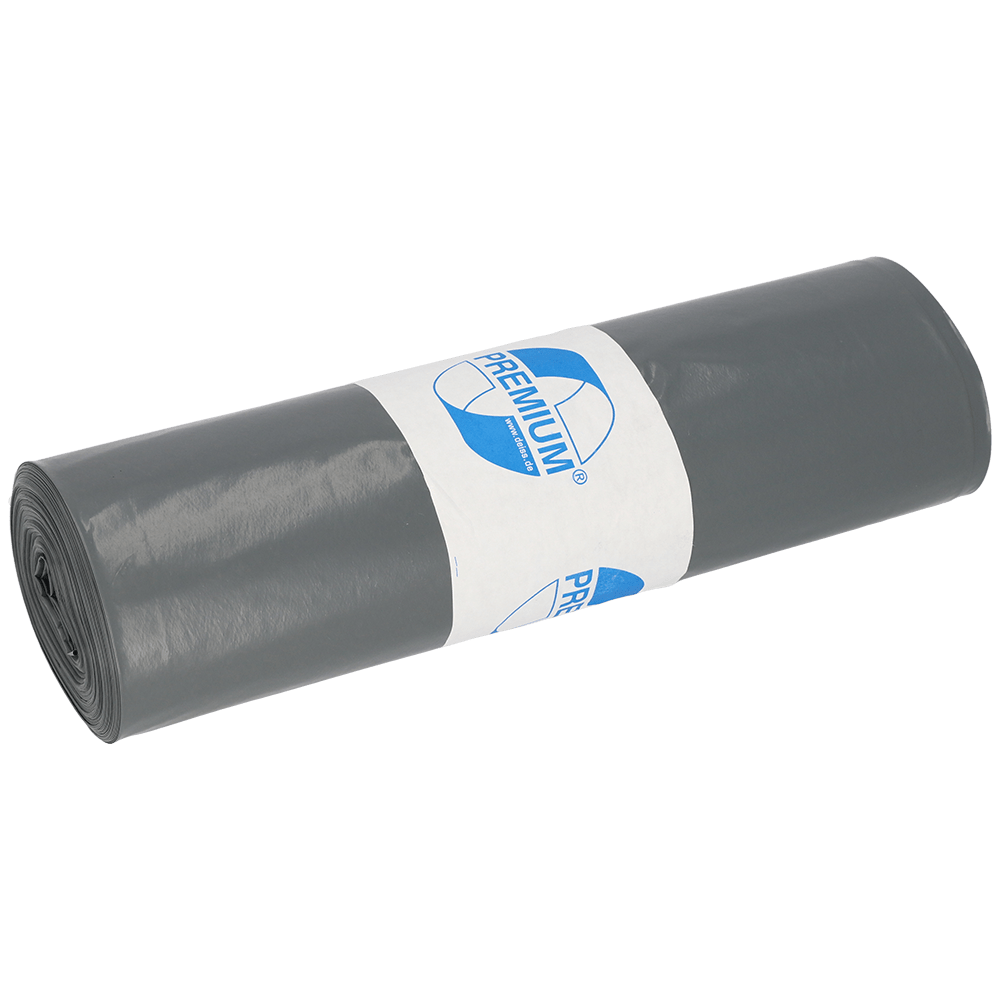 Illustré est un rouleau de sacs poubelle DEISS 575x1000x0,05 mm en LDPE recyclé de 70 l de EMIL DEISS KG (GmbH + Co.), enveloppé d'une étiquette blanche avec un logo "PREMIUM" bleu, sur fond blanc.