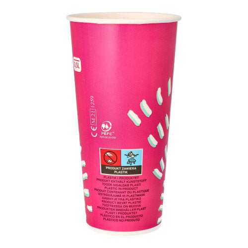 Les gobelets Starpak 50 pour boissons froides (0,5 l, rose, Ø 8,97 cm, 16,83 cm) en carton avec des marquages blancs et un texte multilingue sont idéaux pour les fêtes; Chaque ensemble contient 50 gobelets.