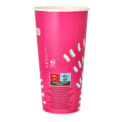 Les gobelets Starpak 50 pour boissons froides (0,5 l, rose, Ø 8,97 cm, 16,83 cm) en carton avec des marquages blancs et un texte multilingue sont idéaux pour les fêtes; Chaque ensemble contient 50 gobelets.