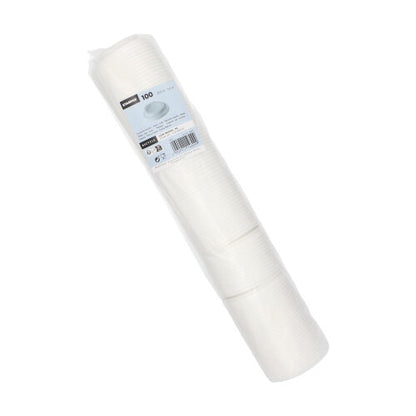 Eine versiegelte Kunststoffpackung mit 100 weißen Starpak „To Go“-Domdeckelbechern (PS, rund), schräg abgebildet mit sichtbarem Produktetikett – ideal für Heißgetränke unterwegs. Marke: Starpak.