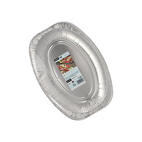 Un seul plateau de service Starpak 10, aluminium ovale, plat jetable avec étiquette de produit centrale est illustré sur fond blanc. Faisant partie d'un pack de 10 de Starpak, il dispose de bords surélevés et est idéal pour les buffets, les traiteurs ou les mariages.