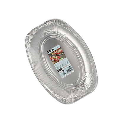 Un seul plateau de service Starpak 10, aluminium ovale, plat jetable avec étiquette de produit centrale est illustré sur fond blanc. Faisant partie d'un pack de 10 de Starpak, il dispose de bords surélevés et est idéal pour les buffets, les traiteurs ou les mariages.