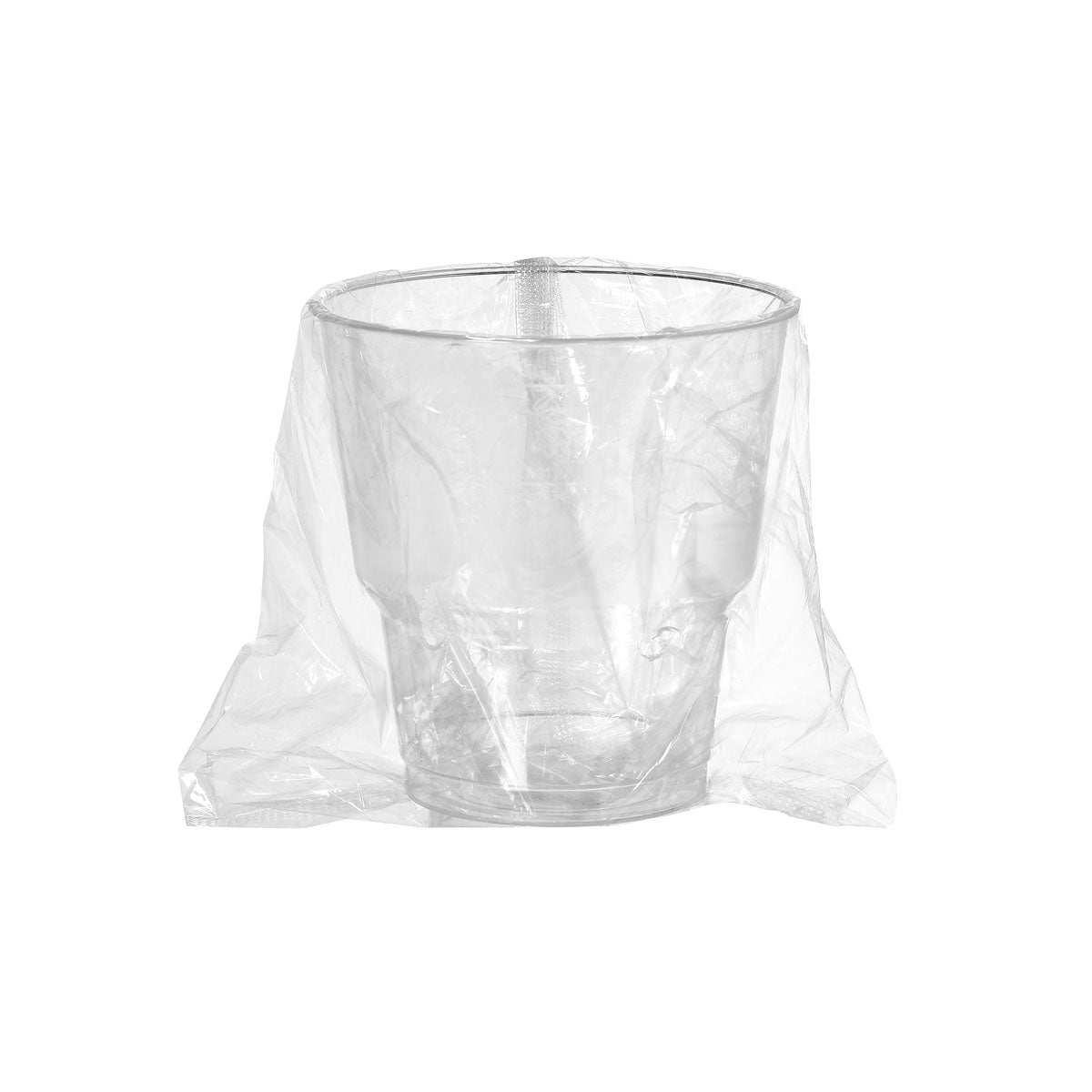 Un gobelet à dents transparent de Duni GmbH (PS, emballé individuellement pour l'hygiène) est placé au centre sur un fond blanc avec un sac en plastique transparent - idéal pour une organisation élégante dans la salle de bain.