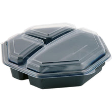 Abgebildet ist eine geschlossene Octaview® 3 Lebensmittelschale der Duni GmbH in schwarz mit klarem Deckel (230x230x60 mm, 3 Fächer) auf weißem Hintergrund.