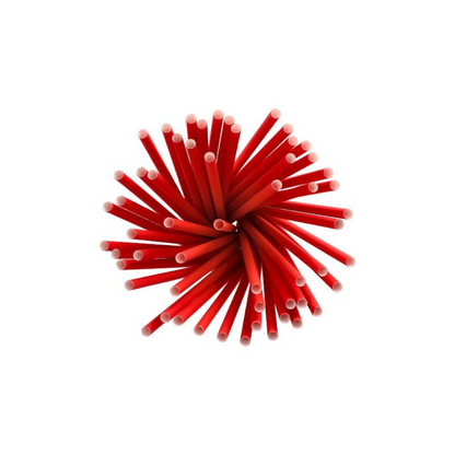 Eine Gruppe nachhaltiger roter Papiertrinkhalme der Marke PAPSTAR Shake-Halme Papier mit einem Durchmesser von 8 mm und einer Länge von 25 cm ist kreisförmig angeordnet, wobei die weißen Spitzen nach außen zeigen.