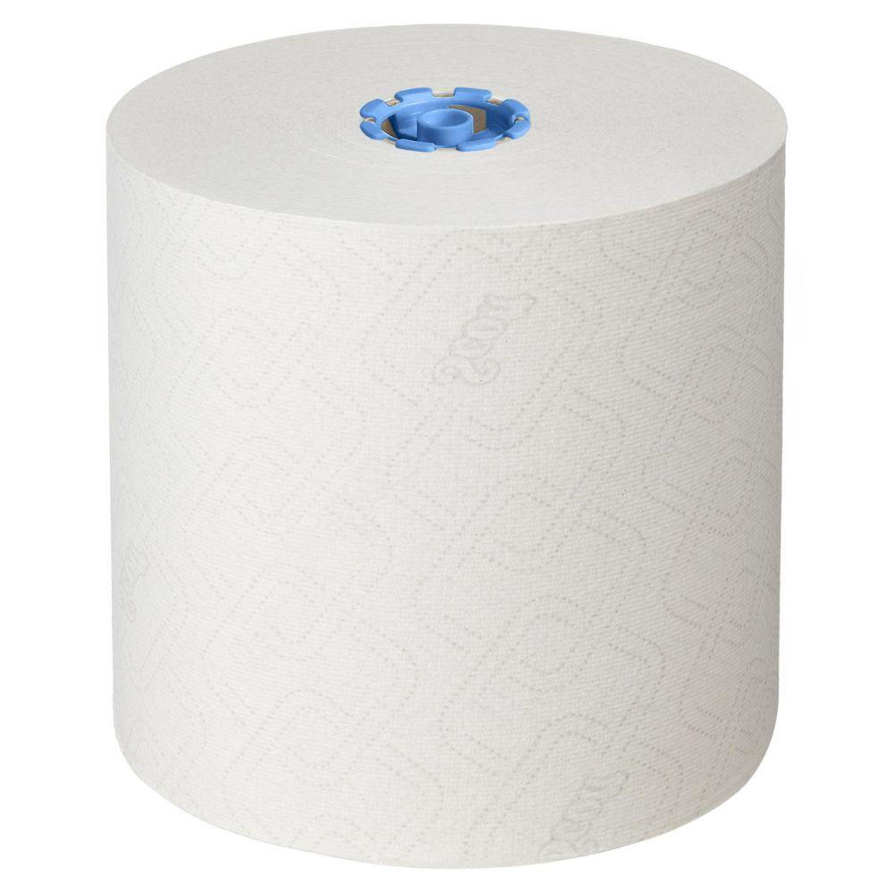 Un grand essuie-main en rouleau Scott® Essential™ 6638 de Kimberly-Clark GmbH, rouleau de papier essuie-main blanc 1-couche avec un noyau en plastique bleu, est positionné verticalement sur un fond blanc simple. Des motifs subtils et "Scott" apparaissent sur la surface.