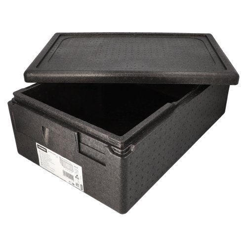 Un conteneur de transport isolant Starpak noir, EPP 60x40cm « Gastro-Norm 1/1 », dispose d'un couvercle partiellement ouvert qui montre l'intérieur vide et d'une étiquette blanche avec texte et codes-barres à l'avant - idéal pour une utilisation dans la gastronomie.