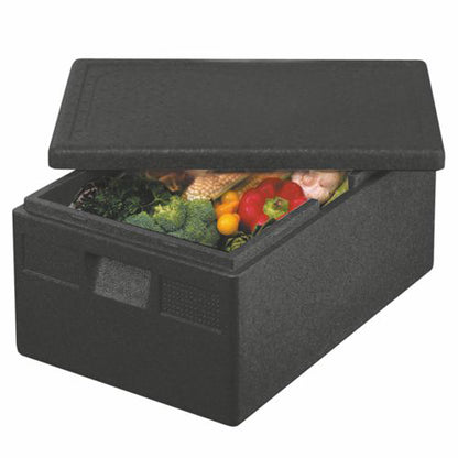 Un Starpak Isolier-Transportbehälter partiellement ouvert, EPP 68,5 x 48,5 x 36 cm noir "Euro-Norm", montre à l'intérieur différents types de légumes comme le brocoli, le poivron rouge, le maïs et les tomates.