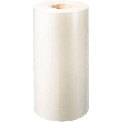 Eine große, aufrecht stehende Rolle der Duni GmbH PP-Siegelfolie Antifog mit einem Pappkern, ideal für Lebensmittelverpackungen, wird vor einem schlichten weißen Hintergrund präsentiert.