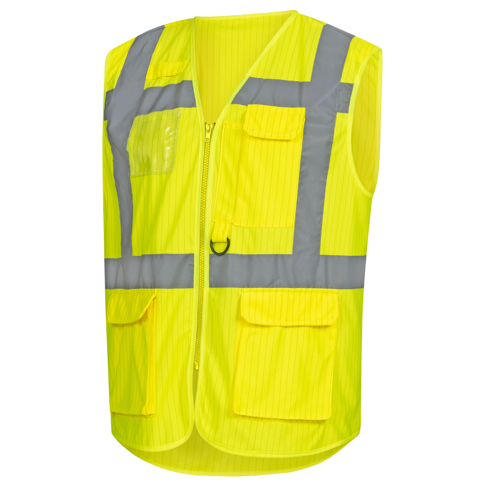 Un gilet de sécurité NITRAS jaune vif de AS Arbeitsschutz GmbH avec des bandes réfléchissantes sur les épaules et un fil de carbone pour une meilleure visibilité. Le gilet a une fermeture éclair sur le devant et plusieurs poches, y compris des poches transparentes et des poches à rabat, pour une utilité supplémentaire.