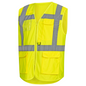 Un gilet de sécurité NITRAS jaune vif de AS Arbeitsschutz GmbH avec des bandes réfléchissantes sur les épaules et un fil de carbone pour une meilleure visibilité. Le gilet a une fermeture éclair sur le devant et plusieurs poches, y compris des poches transparentes et des poches à rabat, pour une utilité supplémentaire.