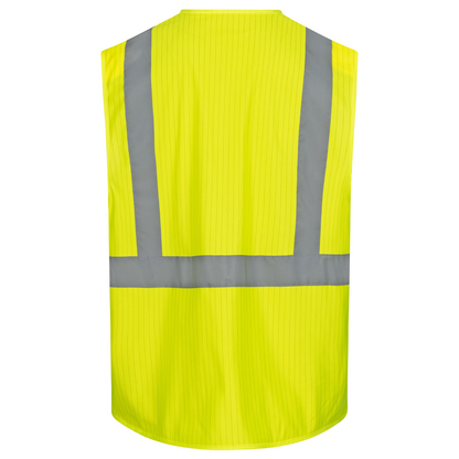Le gilet de sécurité NITRAS de AS Arbeitsschutz GmbH combine un tissu jaune fluorescent avec de larges bandes réfléchissantes grises et des bandes réfléchissantes supplémentaires sur les épaules, augmentant ainsi la sécurité. Le design sans manches et le col haut assurent une visibilité maximale sur un fond blanc uni.
