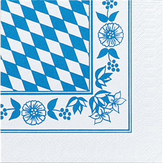Die Duni GmbH Zelltuchservietten 33x33 cm, 3-lagig, 1/4 Falz (50 Servietten) zeigen ein blau-weißes bayerisches Rautenmuster mit blauer Blumen- und Beerenbordüre - ideal für den authentisch gedeckten Oktoberfesttisch.