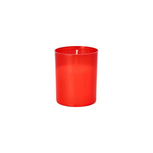 Une bougie funéraire rouge PAPSTAR "Stundenbrenner" (Ø 5 cm, 6,5 cm de haut, paquet de 4), non allumée dans un support cylindrique, se tient au milieu d'un fond blanc simple - un classique de la société PAPSTAR GmbH.