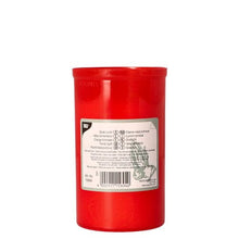 Bougie commémorative T3 cylindrique PAPSTAR avec boîtier en plastique rouge (Ø 6,4 cm, hauteur 10 cm) et étiquette blanche avec texte, symboles, code-barres et graphique. Idéal pour une utilisation au cimetière. Marque : PAPSTAR GmbH.