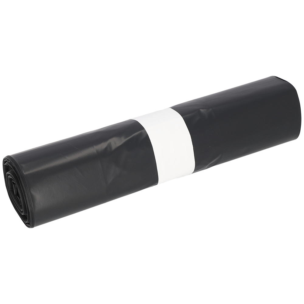 Eine Rolle DEISS Müllsäcke 575x1000x0,06 mm aus Recycling-LDPE 70 l von EMIL DEISS KG (GmbH + Co.) ist mit einer weißen Papierbanderole in der Mitte sauber verpackt und vor einem schlichten weißen Hintergrund ausgestellt.