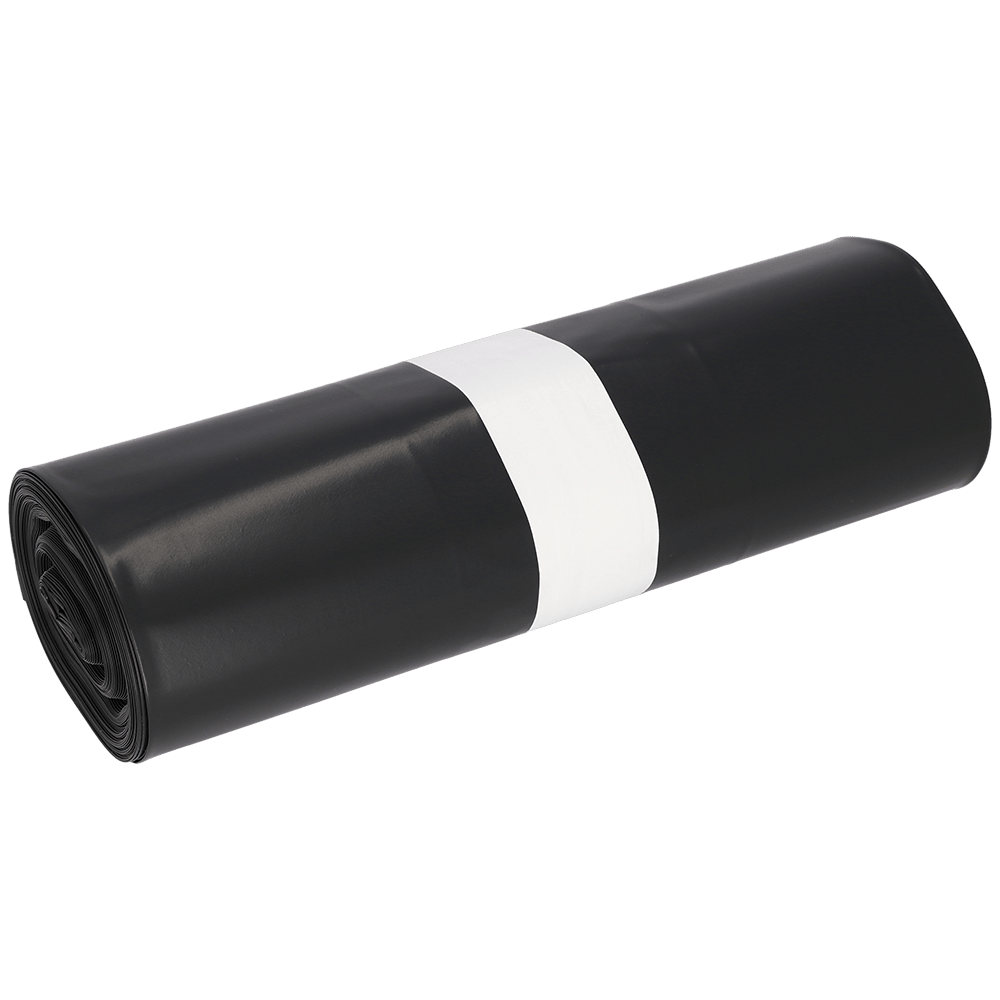 Représenté est un sac poubelle DEISS déroulé 575x1000x0,01 mm en LDPE 70 l de EMIL DEISS KG (GmbH + Co.), sécurisé avec une bande de papier blanche, sur un fond uni blanc.