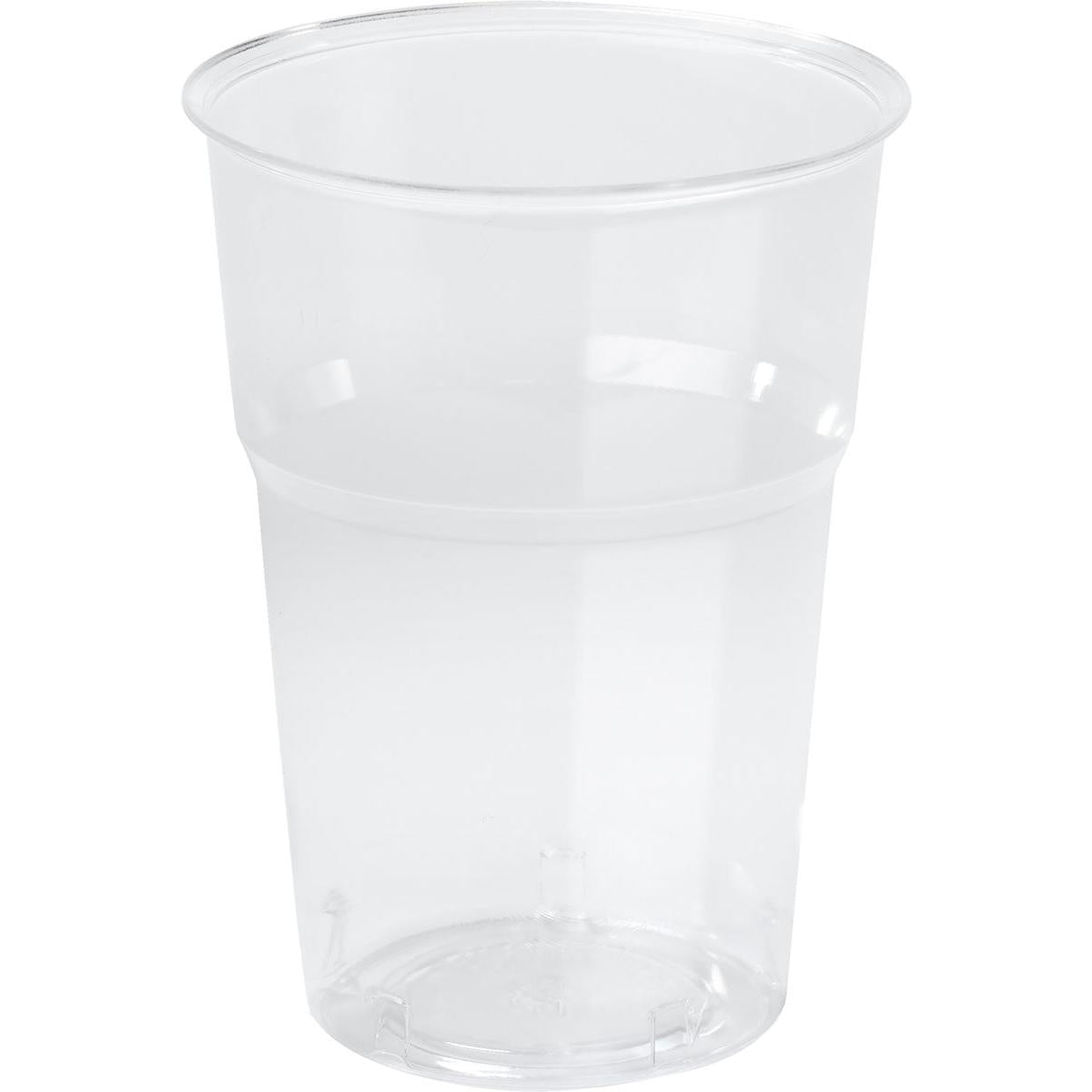 Un gobelet en PLA transparent, verre, PLA, trait de remplissage transparent PLA de Duni GmbH, se tient debout sur un fond blanc. La surface lisse et le léger rebord soulignent son design clair et écologique.