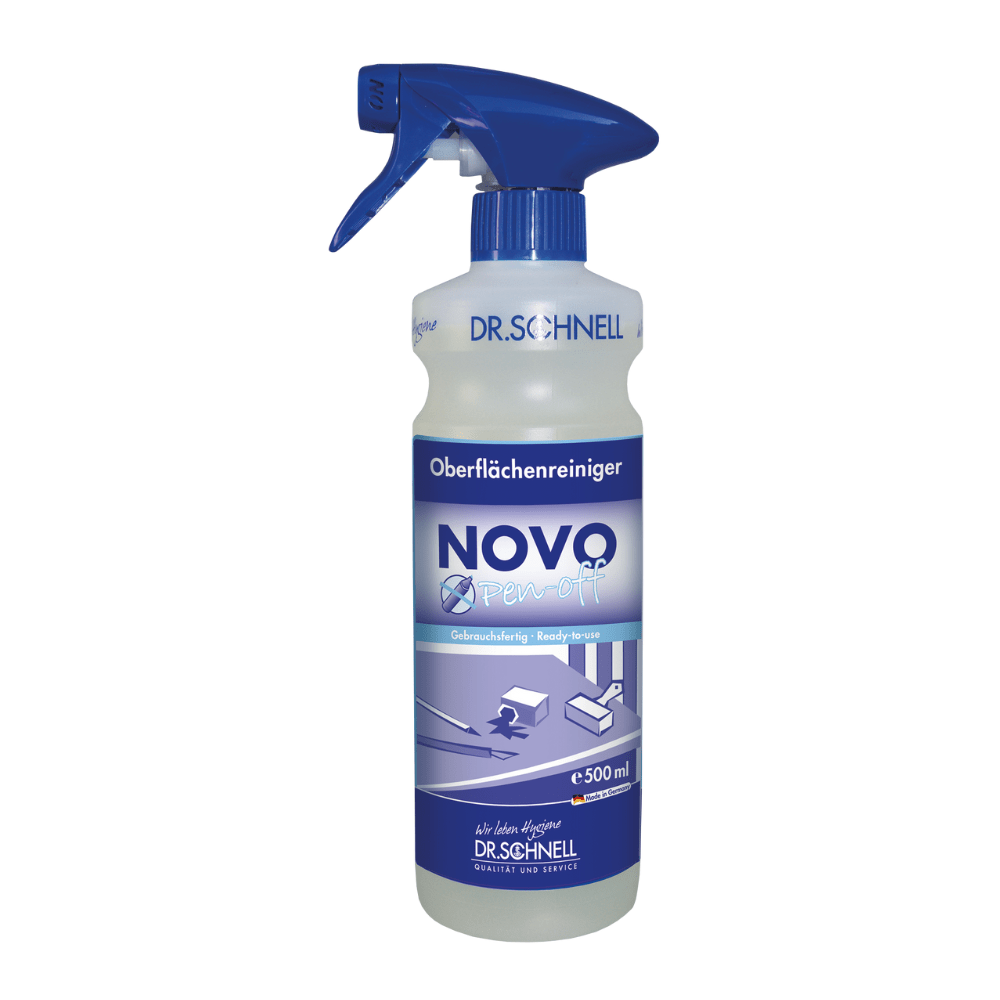 Une bouteille pulvérisateur en plastique avec l'inscription "Dr. Schnell NOVO PEN-OFF nettoyant spécial pour surfaces de bureaux" de DR.SCHNELL GmbH & Co. KGaA, avec une buse bleue et une étiquette avec des instructions de nettoyage et des illustrations de bureau, clavier et chaise de bureau.