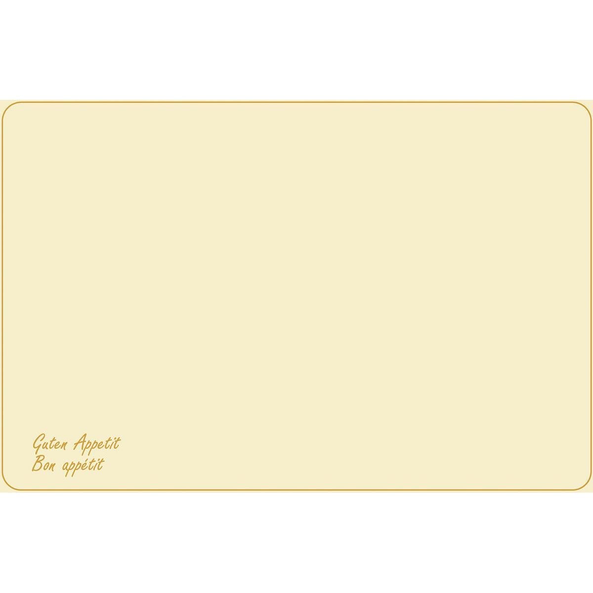 Les sets de table Dunicel (norme Vesca) 33 x 48 cm « Guten Appetit » de la société Duni GmbH présentent un motif beige uni avec une fine bordure marron, des coins arrondis et l'inscription « Guten Appetit Bon appétit » en petits caractères marron en bas à gauche — parfaits pour une table dressée avec élégance.