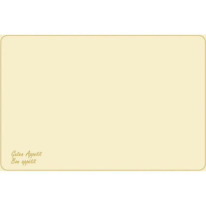 Les sets de table Dunicel (norme Vesca) 33 x 48 cm « Guten Appetit » de la société Duni GmbH présentent un motif beige uni avec une fine bordure marron, des coins arrondis et l'inscription « Guten Appetit Bon appétit » en petits caractères marron en bas à gauche — parfaits pour une table dressée avec élégance.