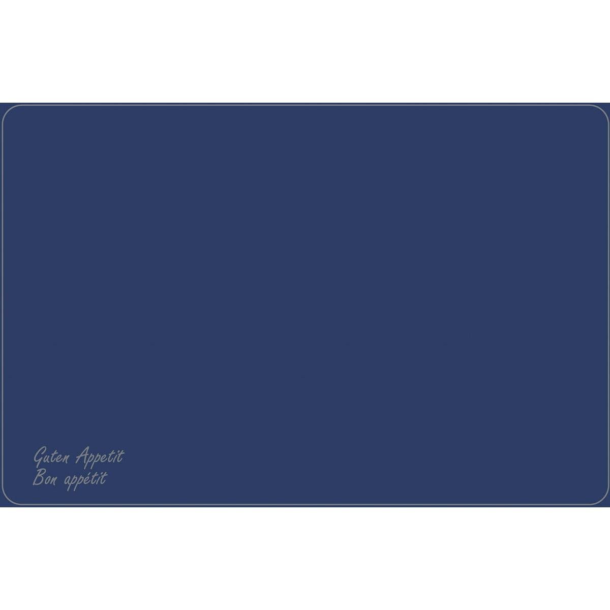 Un set de table rectangulaire en Dunicel de 33 x 48 cm, fabriqué par la société Duni GmbH, de couleur bleu foncé, orné d'une bordure blanche et des inscriptions « Guten Appetit » et « Bon appétit » en cursive dans un coin. Idéal pour les sets de table élégants de la marque Vesca Norm.