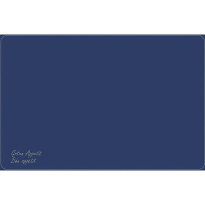 Un set de table rectangulaire en Dunicel de 33 x 48 cm, fabriqué par la société Duni GmbH, de couleur bleu foncé, orné d'une bordure blanche et des inscriptions « Guten Appetit » et « Bon appétit » en cursive dans un coin. Idéal pour les sets de table élégants de la marque Vesca Norm.
