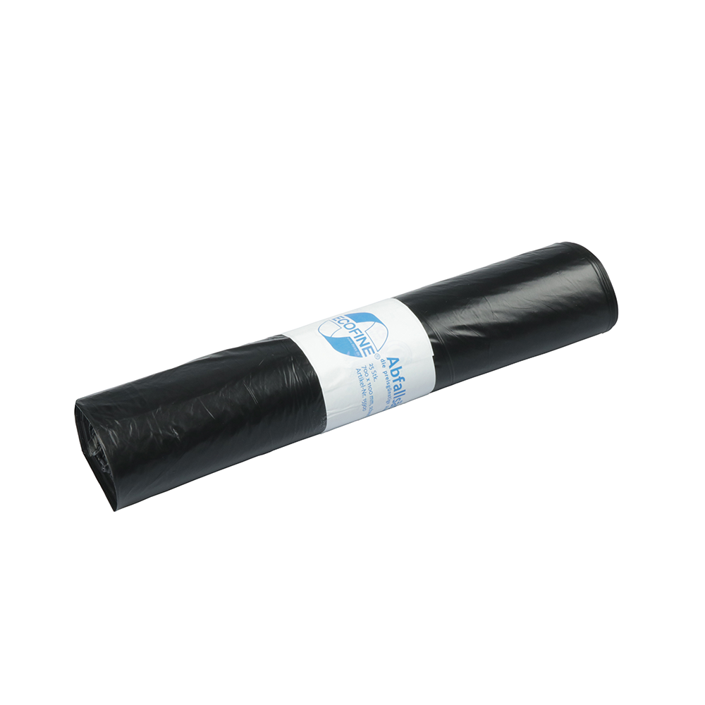 Un rouleau de sacs à déchets DEISS ECOFINE® 13900 en LDPE/LLDPE recyclé, 120 litres, d'EMIL DEISS KG (GmbH + Co.), avec une étiquette blanche, pour une élimination respectueuse de l'environnement est visible sur fond blanc.