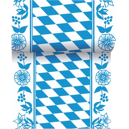 Le chemin de table Dunicel 20 m x 15 cm de Duni GmbH a un losange bleu et blanc au centre et des fleurs bleues sur les côtés - idéal pour une décoration de table élégante.