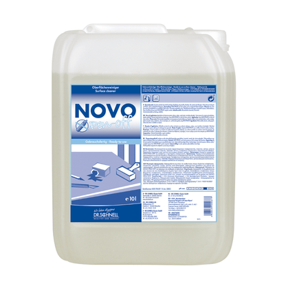 Un conteneur de 10 litres en plastique translucide du Dr. Schnell NOVO PEN-OFF nettoyant spécial pour surfaces de bureaux de DR.SCHNELL GmbH & Co. KGaA avec un couvercle blanc et une étiquette bleu-blanc pour un enlèvement efficace des taches.